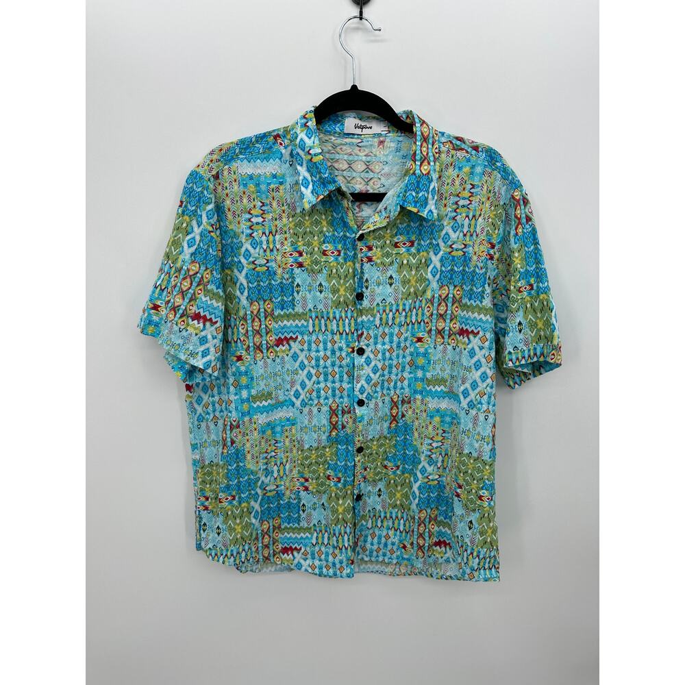 Vatpave Geometric Print Shirt L Blue Button Up Short Sleeve Boho Vaca Resort